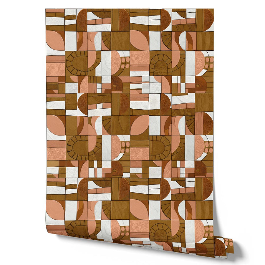 Wallpaper from the Tim Neve collection by Urban Road, with an olive and terracotta patchwork of bold abstract shapes and layered textures.