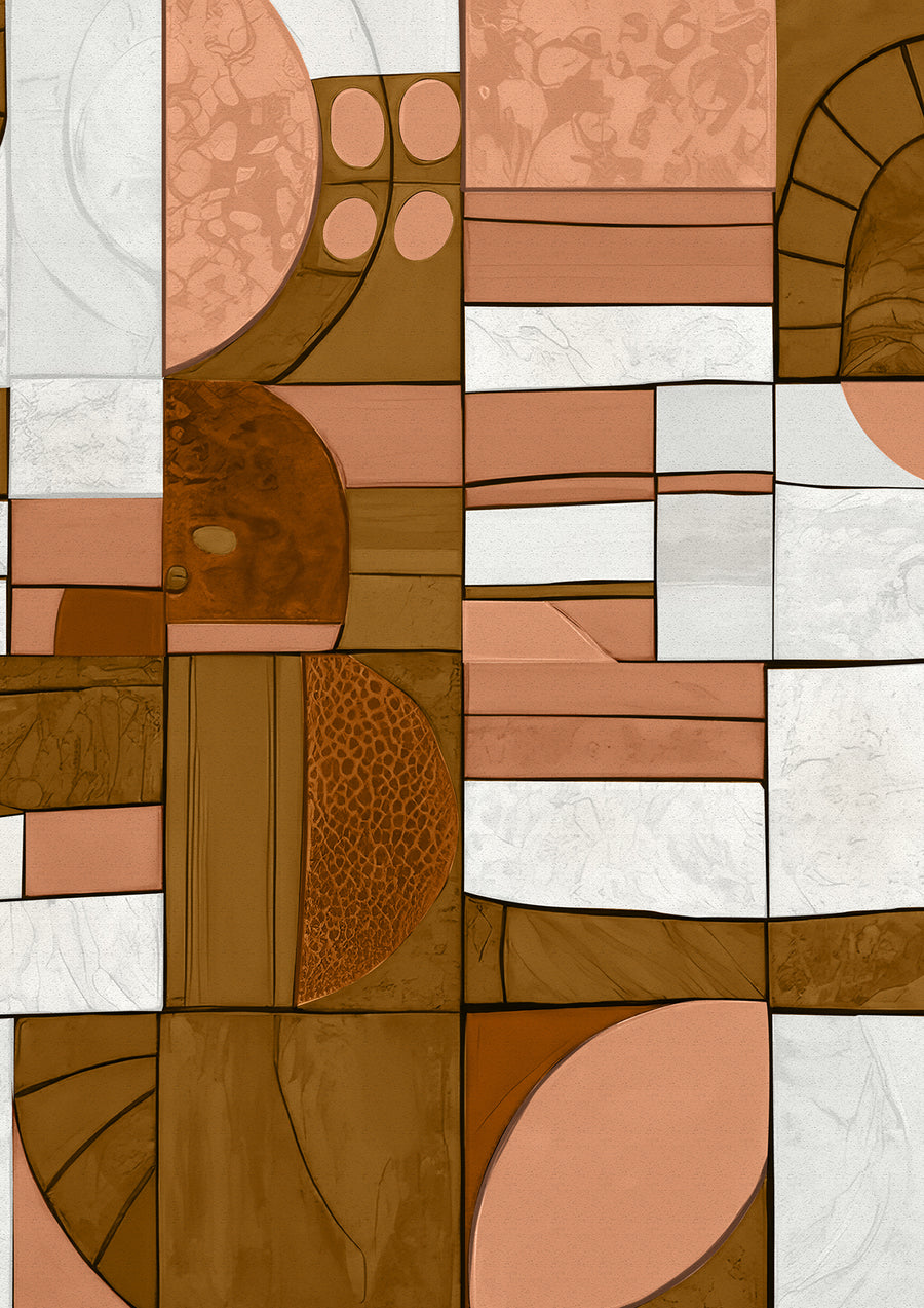 Wallpaper from the Tim Neve collection by Urban Road, with an olive and terracotta patchwork of bold abstract shapes and layered textures.