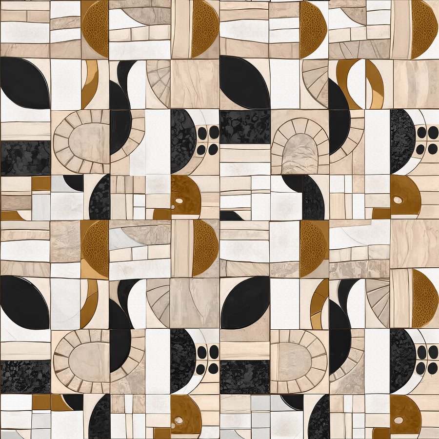 Wallpaper from the Tim Neve collection by Urban Road, featuring black and white patterns with gold accents for a bold, high-contrast abstract design.