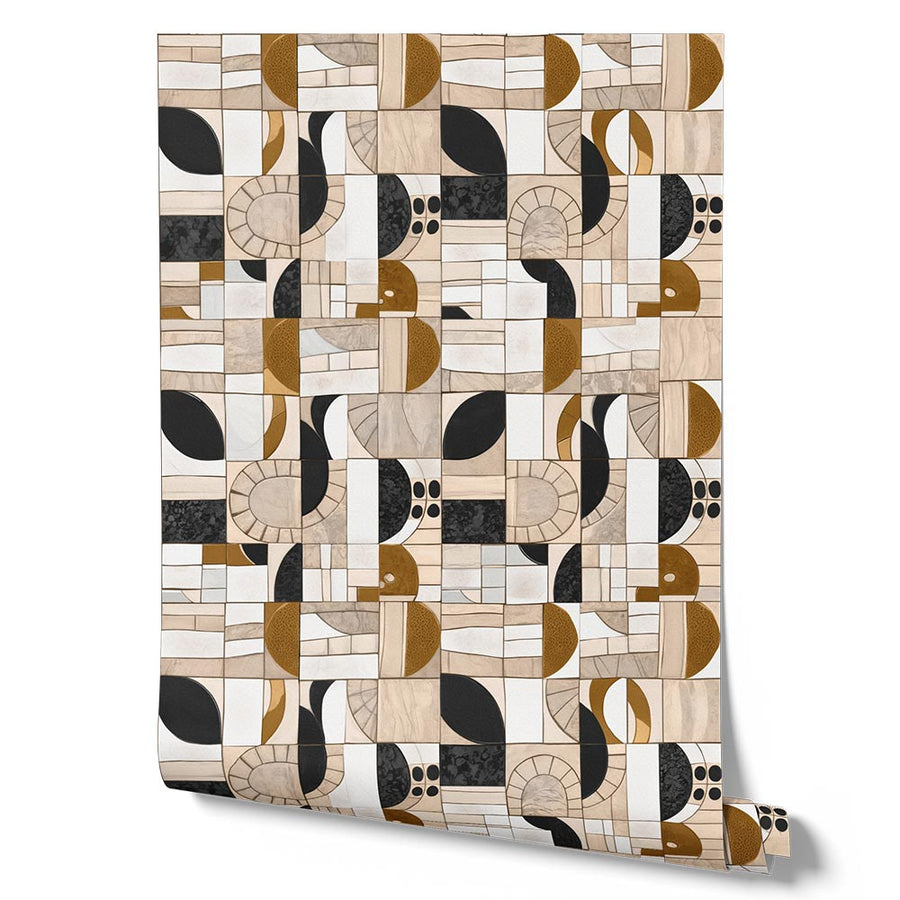 Wallpaper from the Tim Neve collection by Urban Road, featuring black and white patterns with gold accents for a bold, high-contrast abstract design.