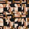 Wallpaper from the Tim Neve collection by Urban Road, showcasing black and tan patchwork with curved lines and bold graphic shapes.