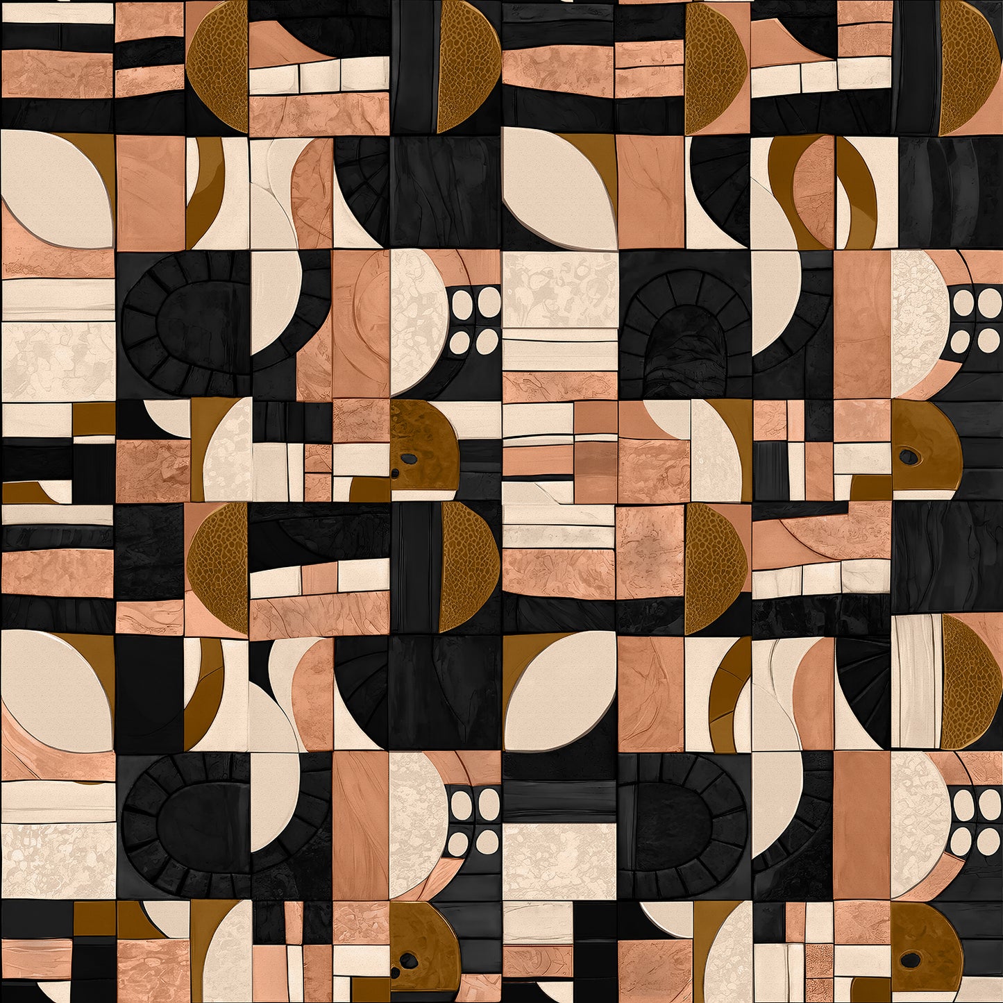 Wallpaper from the Tim Neve collection by Urban Road, showcasing black and tan patchwork with curved lines and bold graphic shapes.