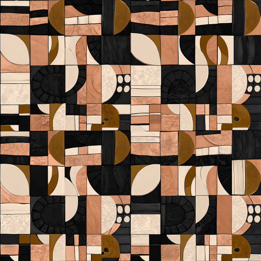 Wallpaper from the Tim Neve collection by Urban Road, showcasing black and tan patchwork with curved lines and bold graphic shapes.