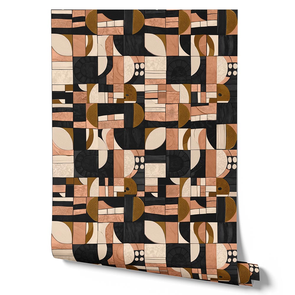 Wallpaper from the Tim Neve collection by Urban Road, showcasing black and tan patchwork with curved lines and bold graphic shapes.