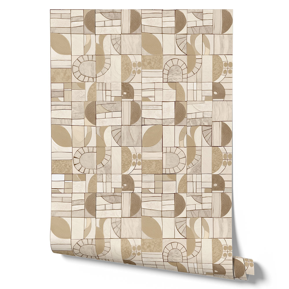 Wallpaper from the Tim Neve collection by Urban Road, with a neutral patchwork design featuring soft curves and minimalistic abstract forms.