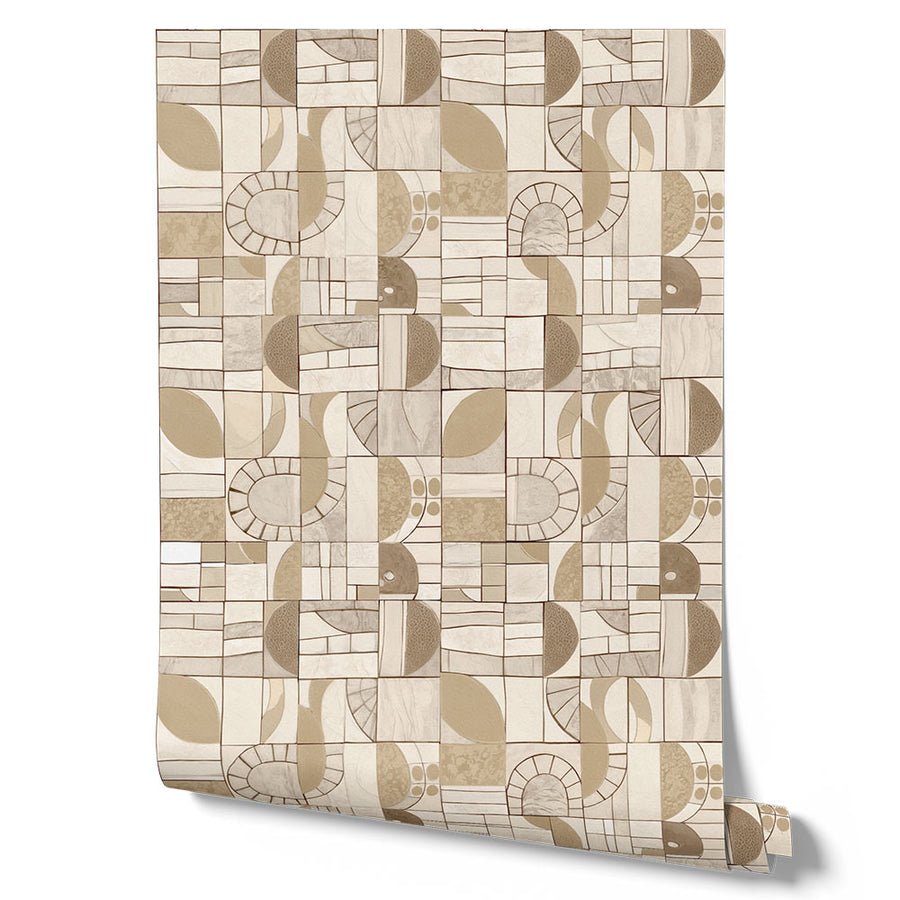 Wallpaper from the Tim Neve collection by Urban Road, with a neutral patchwork design featuring soft curves and minimalistic abstract forms.