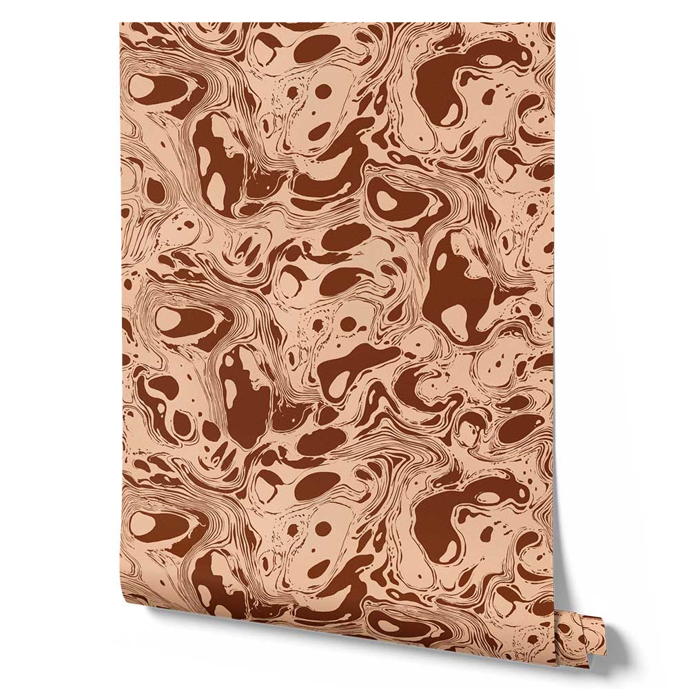 Wallpaper from the Tim Neve collection by Urban Road, showcasing bold brown marbling with swirling patterns and dynamic abstract forms.