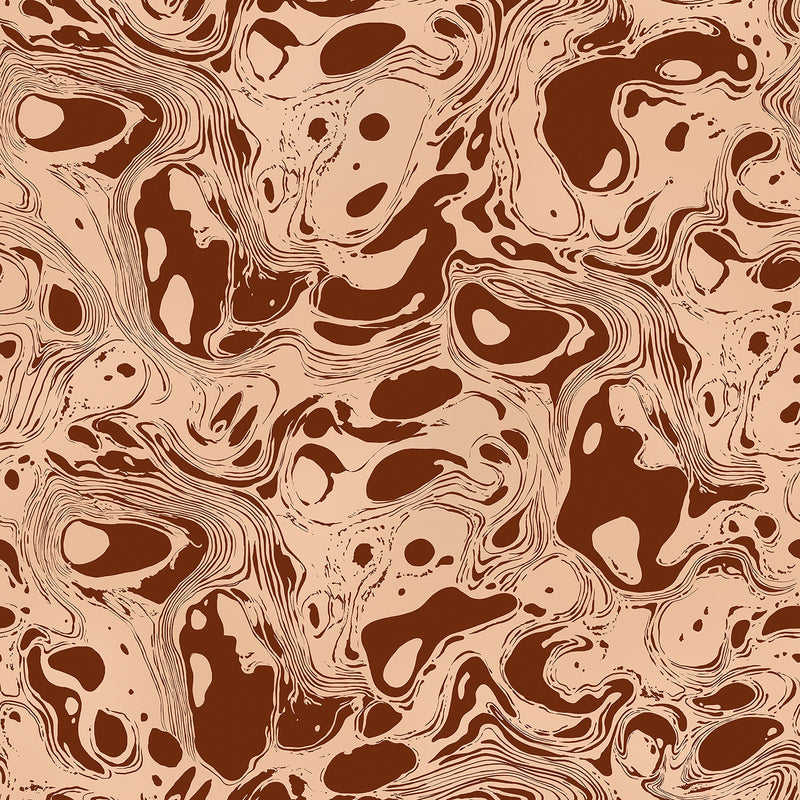 Wallpaper from the Tim Neve collection by Urban Road, showcasing bold brown marbling with swirling patterns and dynamic abstract forms.