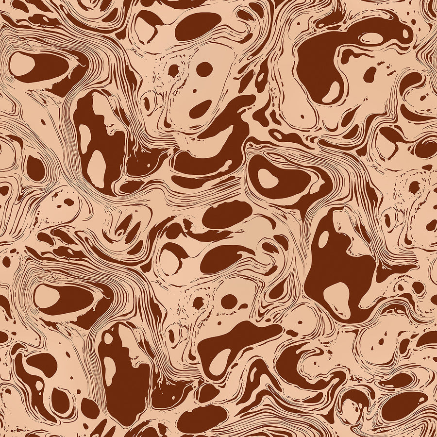Wallpaper from the Tim Neve collection by Urban Road, showcasing bold brown marbling with swirling patterns and dynamic abstract forms.