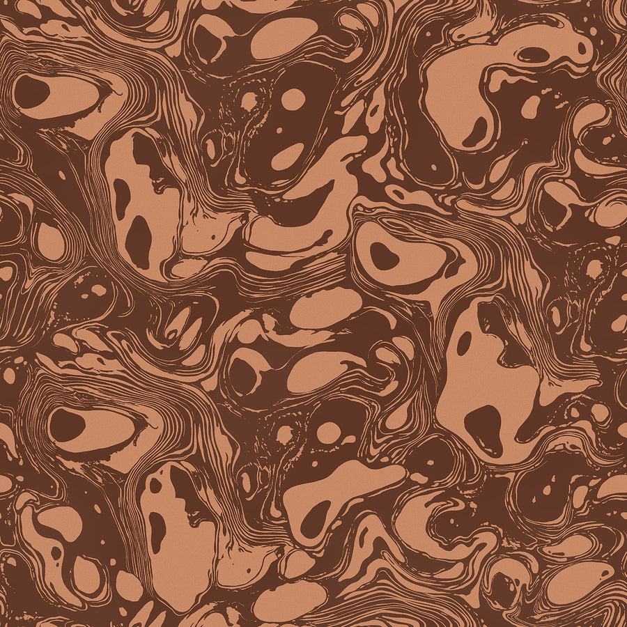 Wallpaper from the Tim Neve collection by Urban Road, with cocoa brown marbling and layered swirls in a warm, organic design.