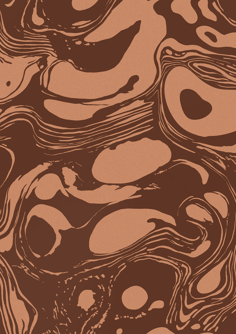 Wallpaper from the Tim Neve collection by Urban Road, with cocoa brown marbling and layered swirls in a warm, organic design.