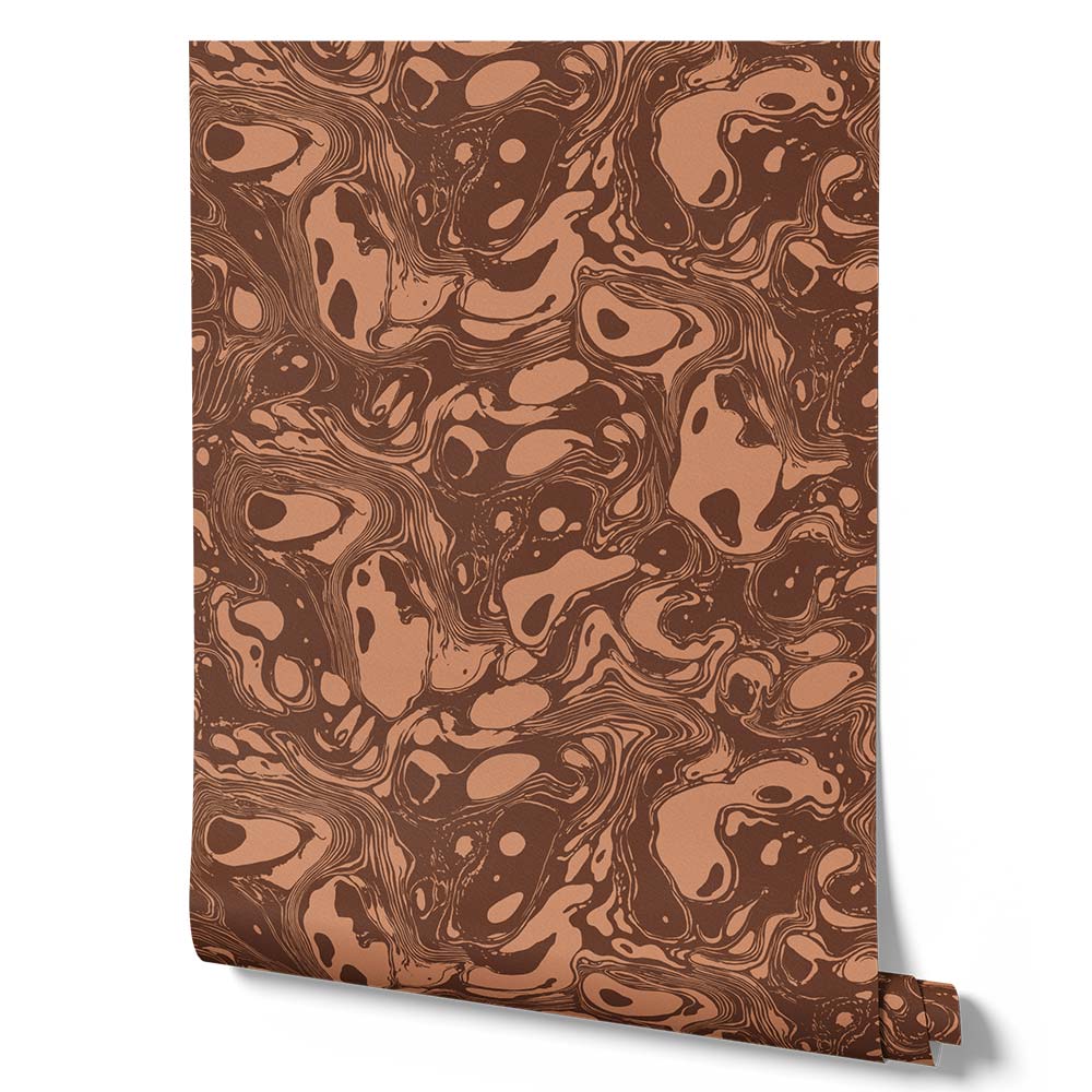 Wallpaper from the Tim Neve collection by Urban Road, with cocoa brown marbling and layered swirls in a warm, organic design.