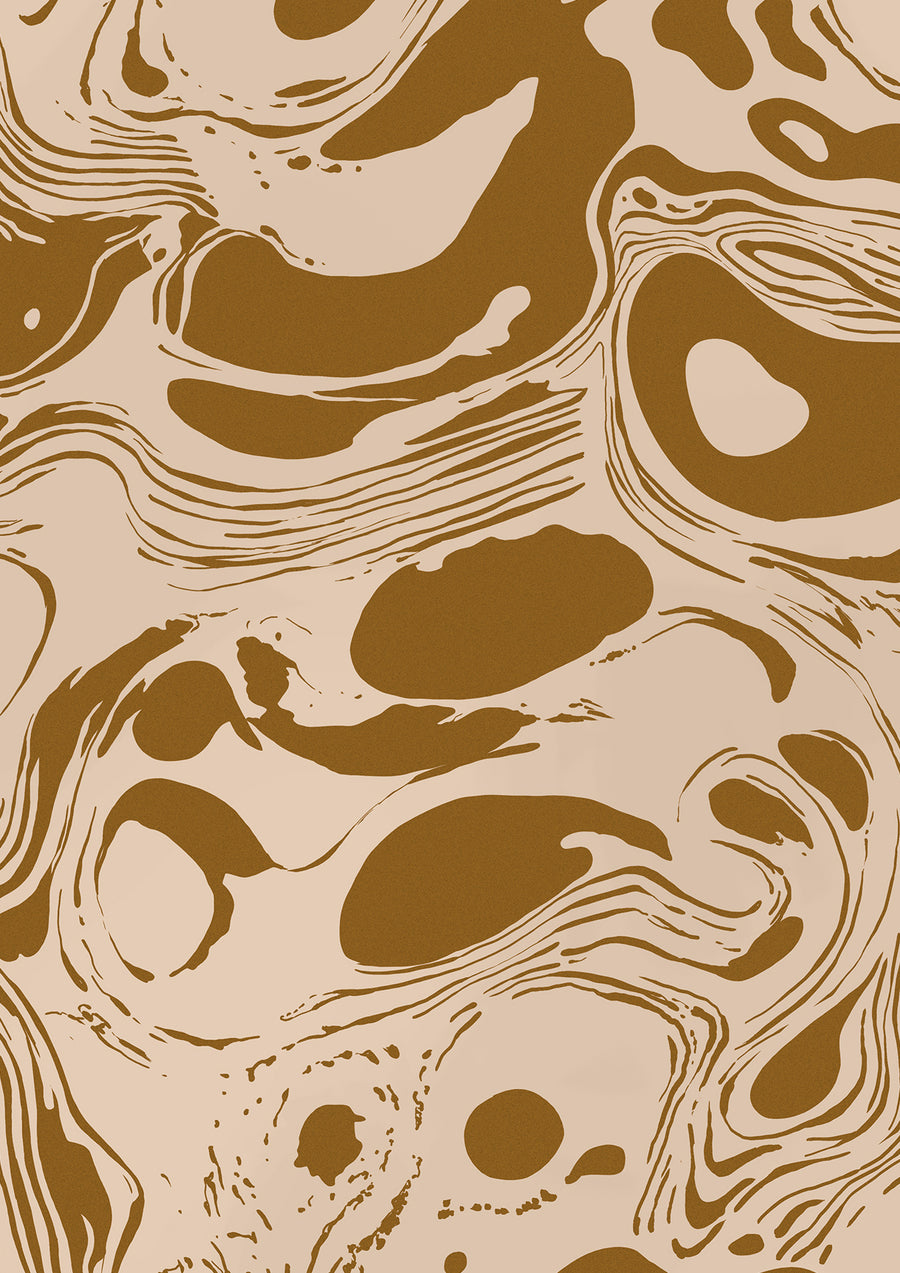 Wallpaper from the Tim Neve collection by Urban Road, with golden ochre marbling and layered swirls in a dynamic abstract pattern.