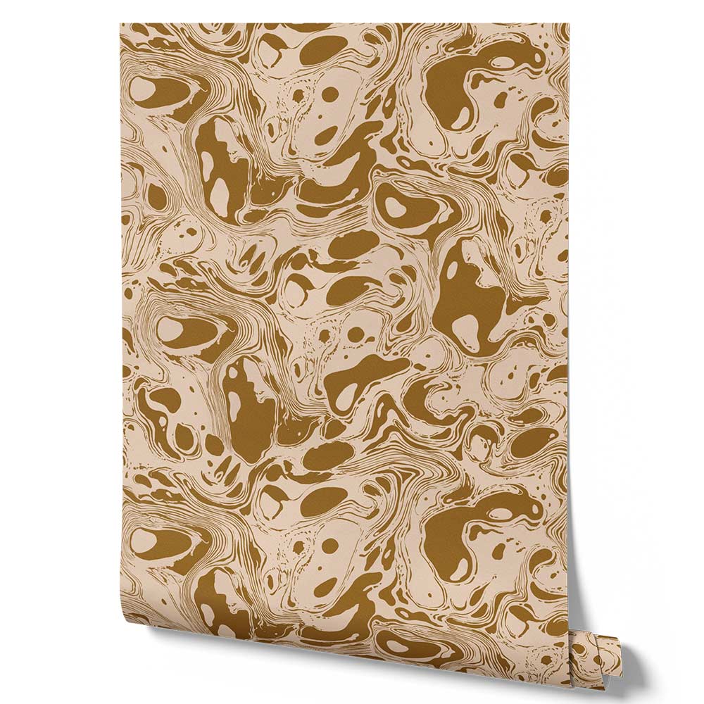 Wallpaper from the Tim Neve collection by Urban Road, with golden ochre marbling and layered swirls in a dynamic abstract pattern.