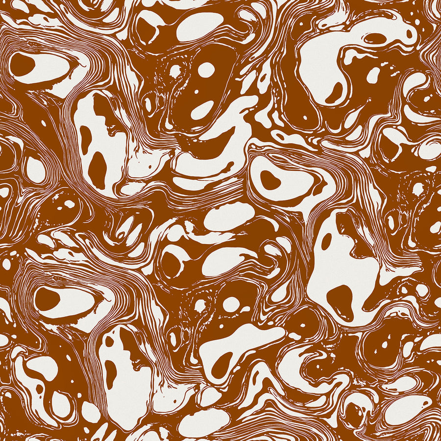 Wallpaper from the Tim Neve collection by Urban Road, showcasing ochre and brown marbling with organic shapes and a warm, earthy palette.