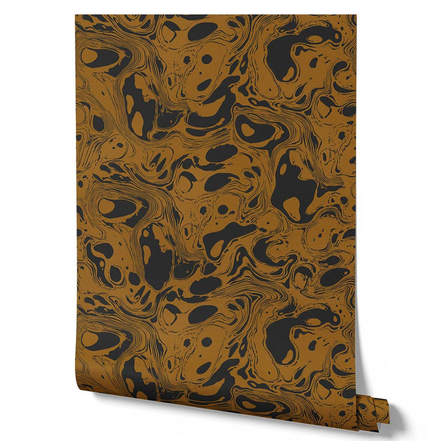 Wallpaper from the Tim Neve collection by Urban Road, with black and gold marbling in a high-contrast abstract swirl design.