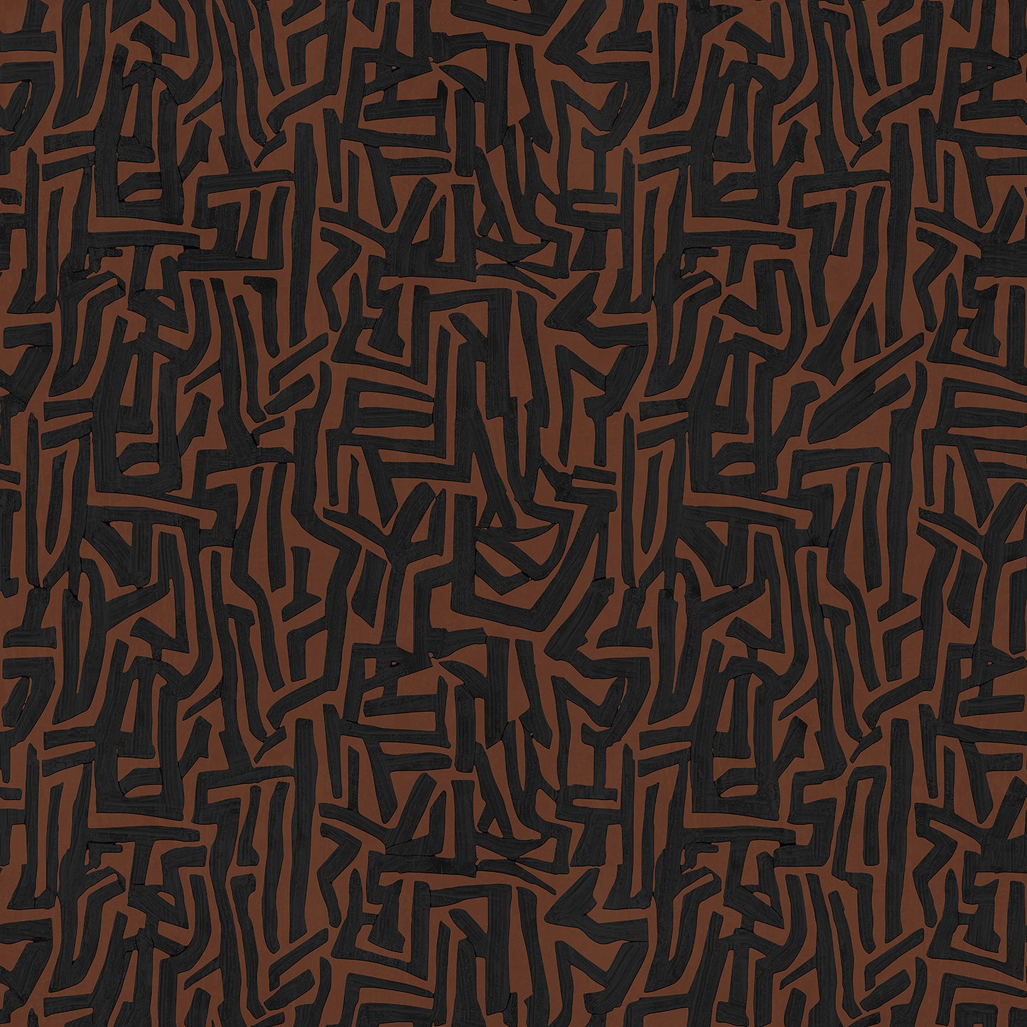 Wallpaper from the Tim Neve collection by Urban Road, featuring bold black maze-like patterns on a warm brown background.