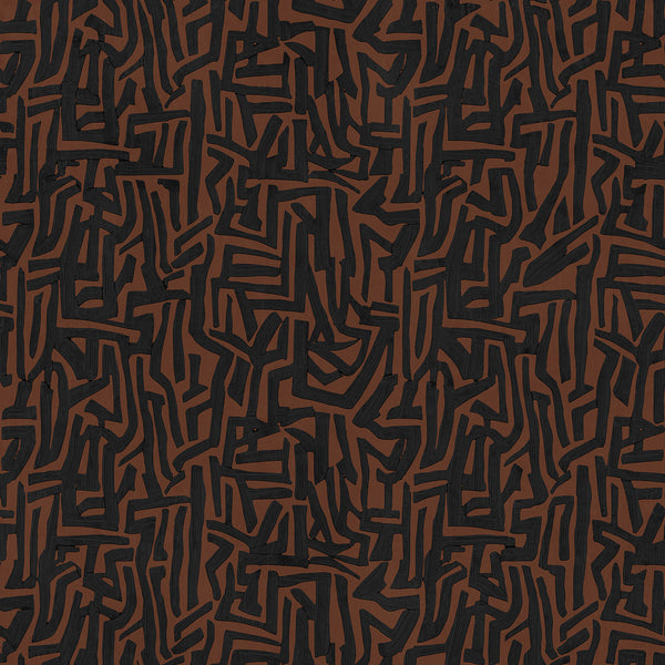 Wallpaper from the Tim Neve collection by Urban Road, featuring bold black maze-like patterns on a warm brown background.