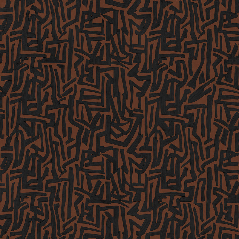 Wallpaper from the Tim Neve collection by Urban Road, featuring bold black maze-like patterns on a warm brown background.