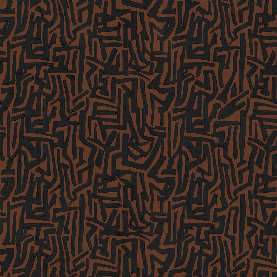 Wallpaper from the Tim Neve collection by Urban Road, featuring bold black maze-like patterns on a warm brown background.