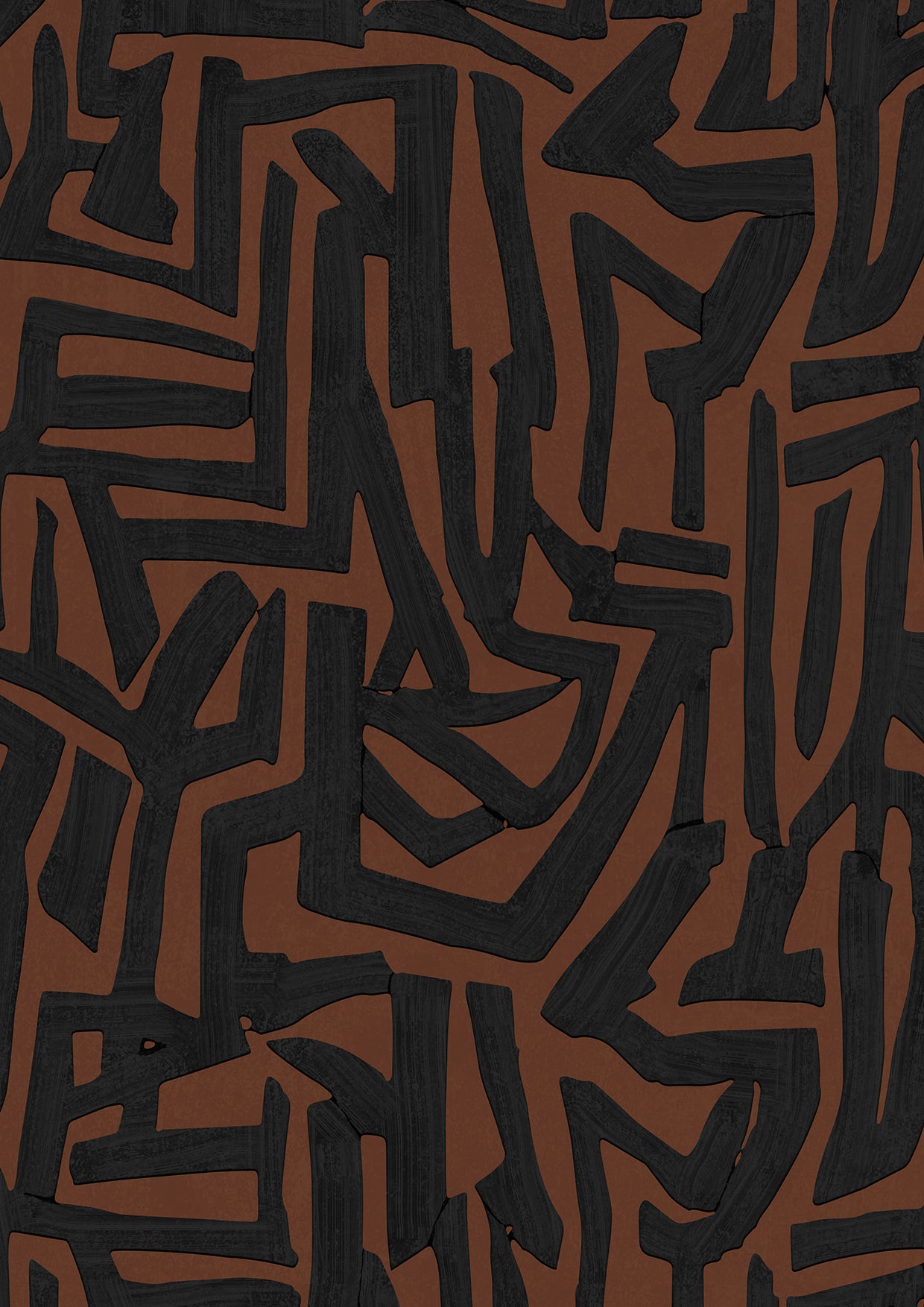 Wallpaper from the Tim Neve collection by Urban Road, featuring bold black maze-like patterns on a warm brown background.
