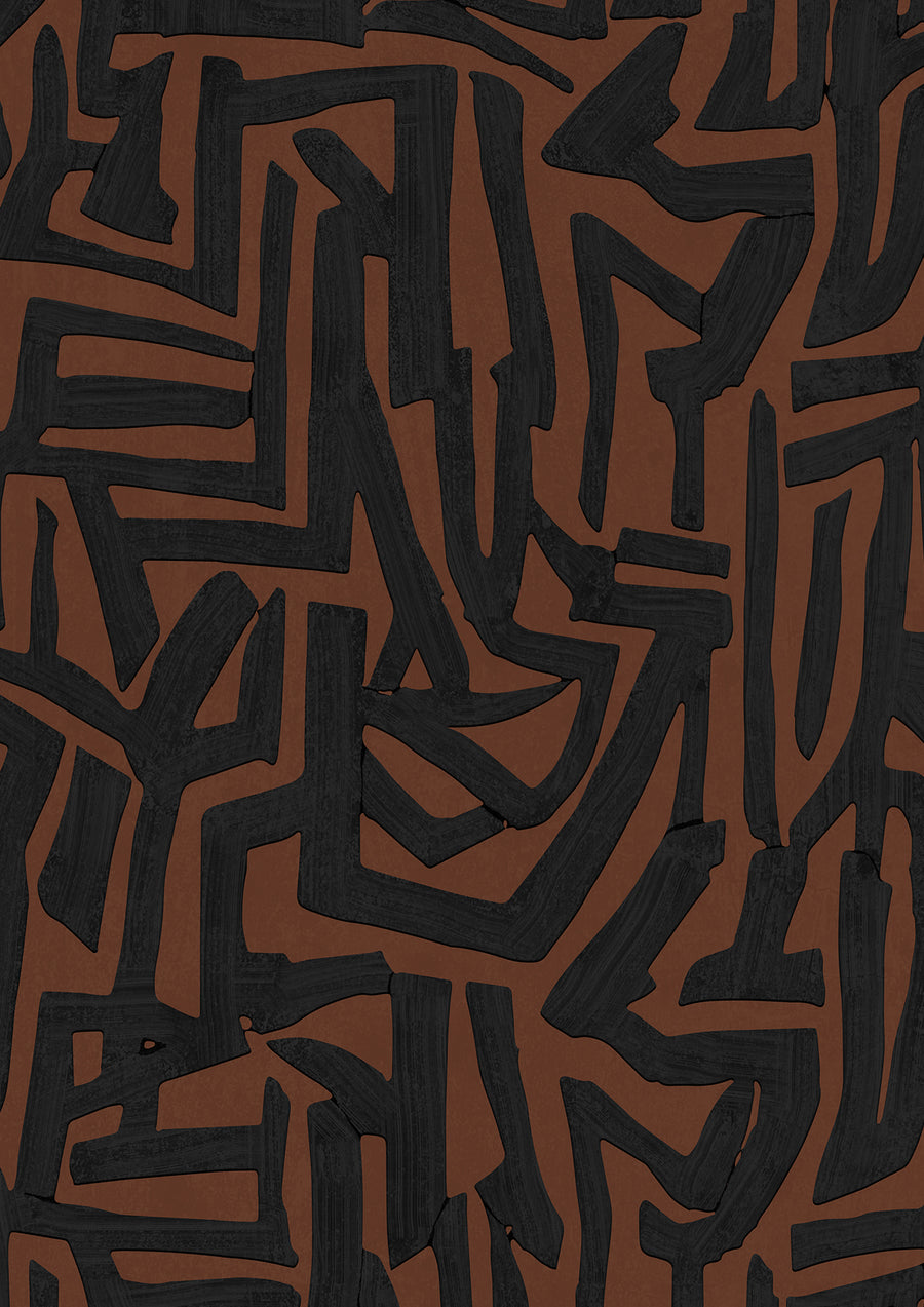 Wallpaper from the Tim Neve collection by Urban Road, featuring bold black maze-like patterns on a warm brown background.