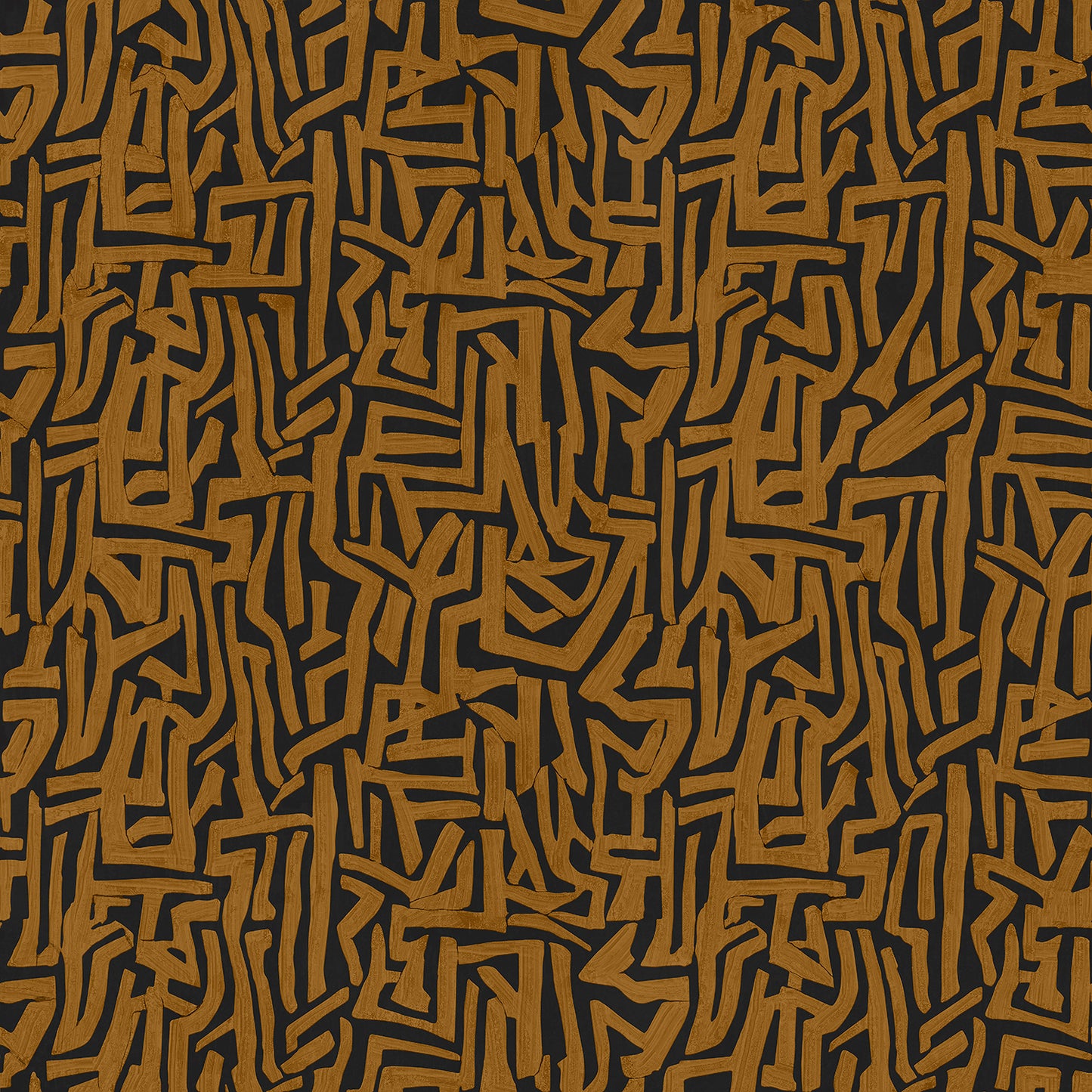 Wallpaper from the Tim Neve collection by Urban Road, with layered ochre and brown abstract lines and a geometric pattern.