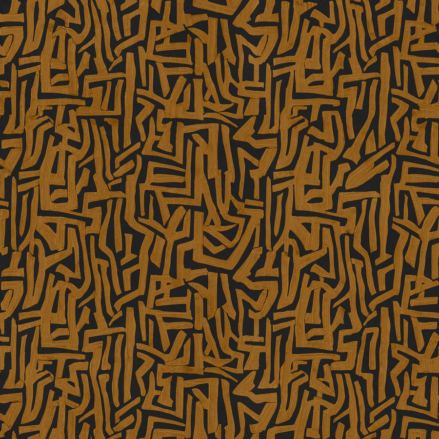Wallpaper from the Tim Neve collection by Urban Road, with layered ochre and brown abstract lines and a geometric pattern.