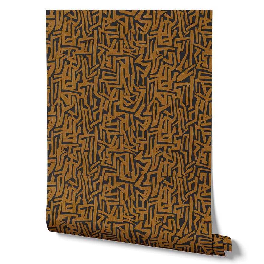 Wallpaper from the Tim Neve collection by Urban Road, with layered ochre and brown abstract lines and a geometric pattern.
