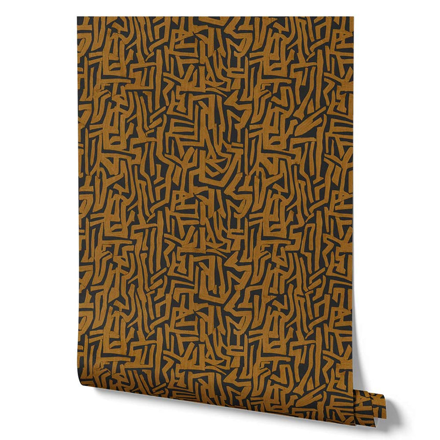 Wallpaper from the Tim Neve collection by Urban Road, with layered ochre and brown abstract lines and a geometric pattern.