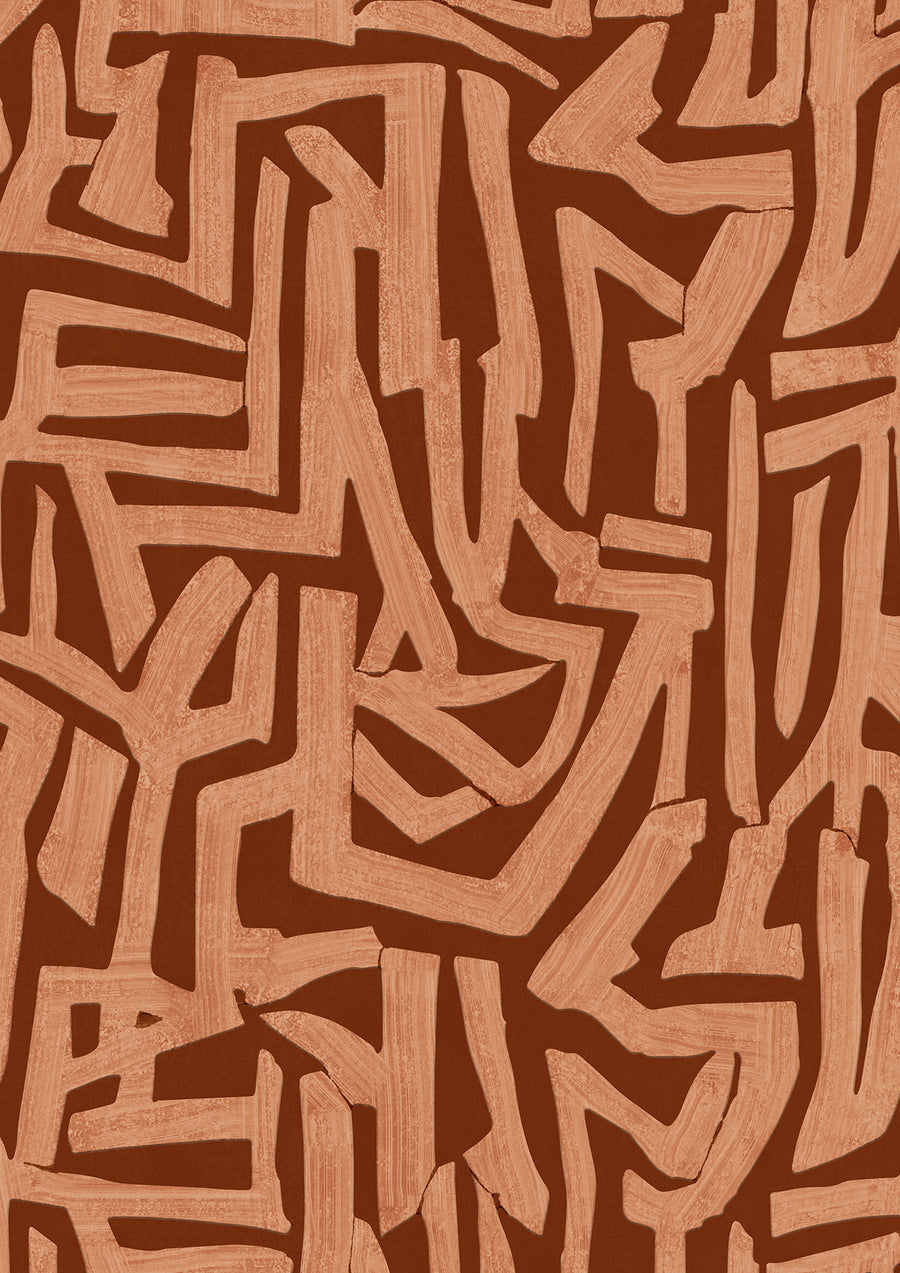 Wallpaper from the Tim Neve collection by Urban Road, showcasing terracotta abstract curves and organic textures.