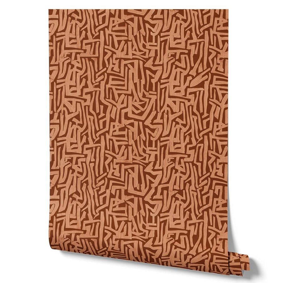 Wallpaper from the Tim Neve collection by Urban Road, showcasing terracotta abstract curves and organic textures.
