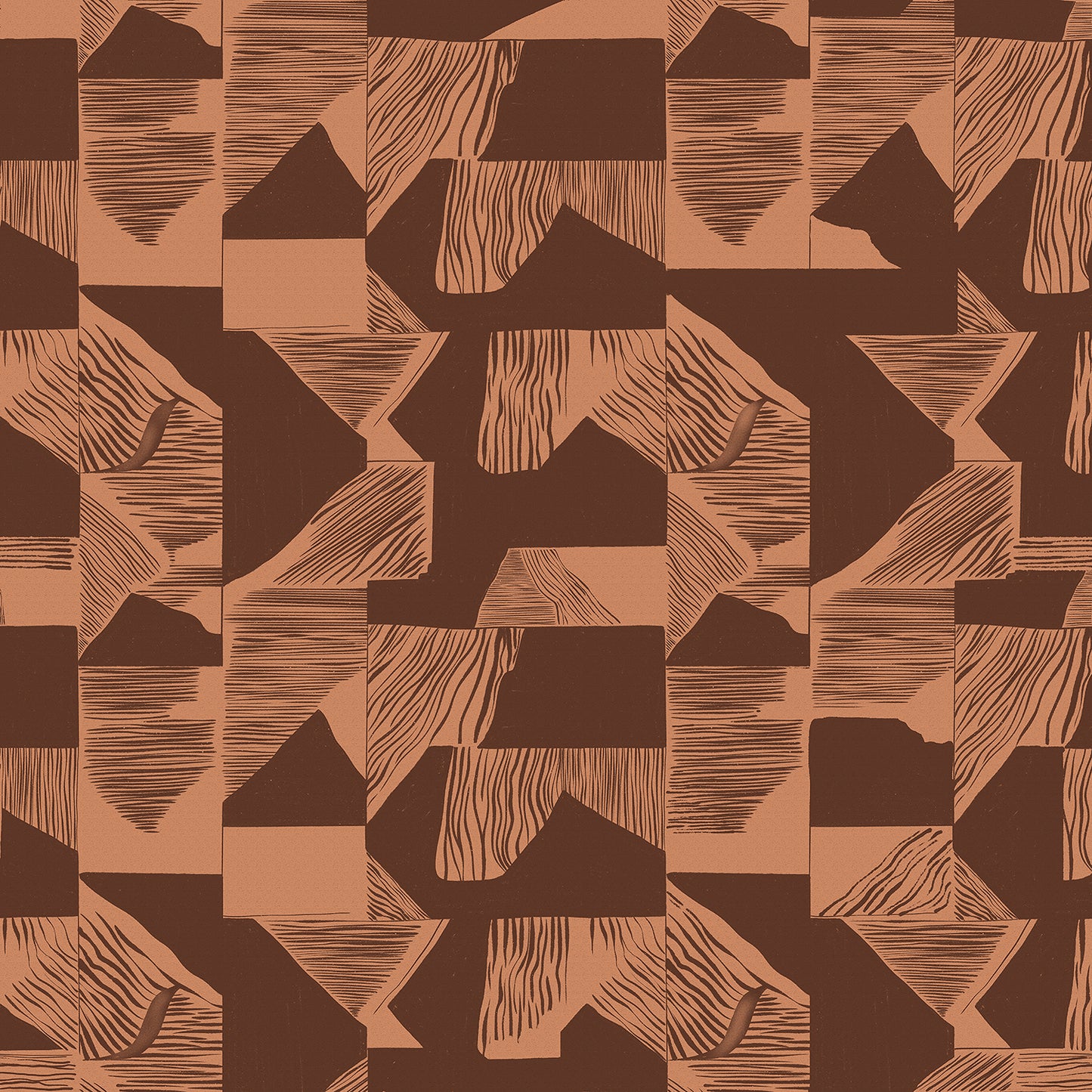 Wallpaper from the Tim Neve collection by Urban Road, showcasing a dark brown grid with bold shapes and warm contrast.