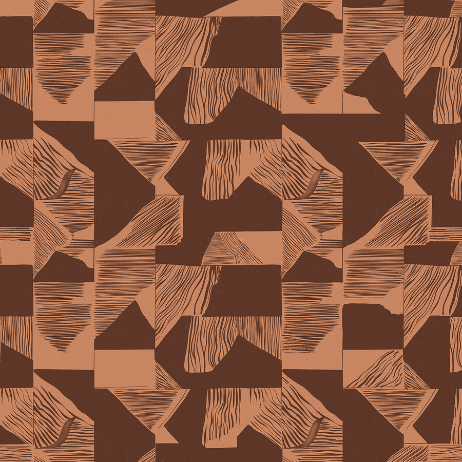 Wallpaper from the Tim Neve collection by Urban Road, showcasing a dark brown grid with bold shapes and warm contrast.