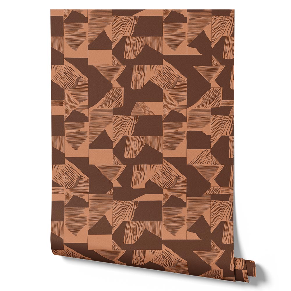 Wallpaper from the Tim Neve collection by Urban Road, showcasing a dark brown grid with bold shapes and warm contrast.