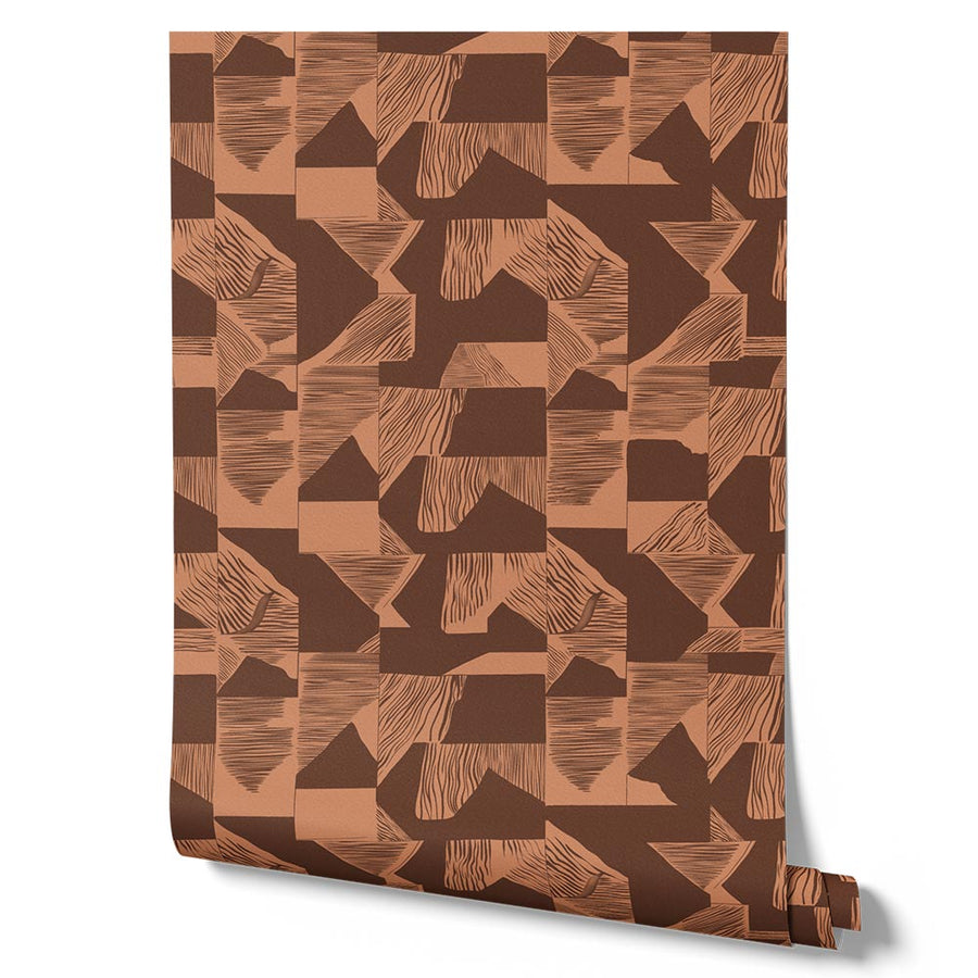 Wallpaper from the Tim Neve collection by Urban Road, showcasing a dark brown grid with bold shapes and warm contrast.
