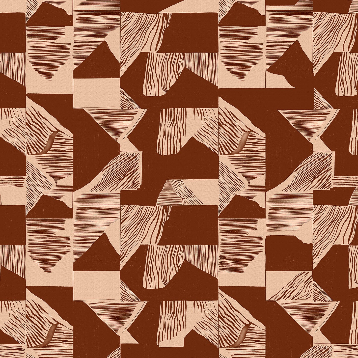 Wallpaper from the Tim Neve collection by Urban Road, with terracotta grid patterns layered over warm brown textures.