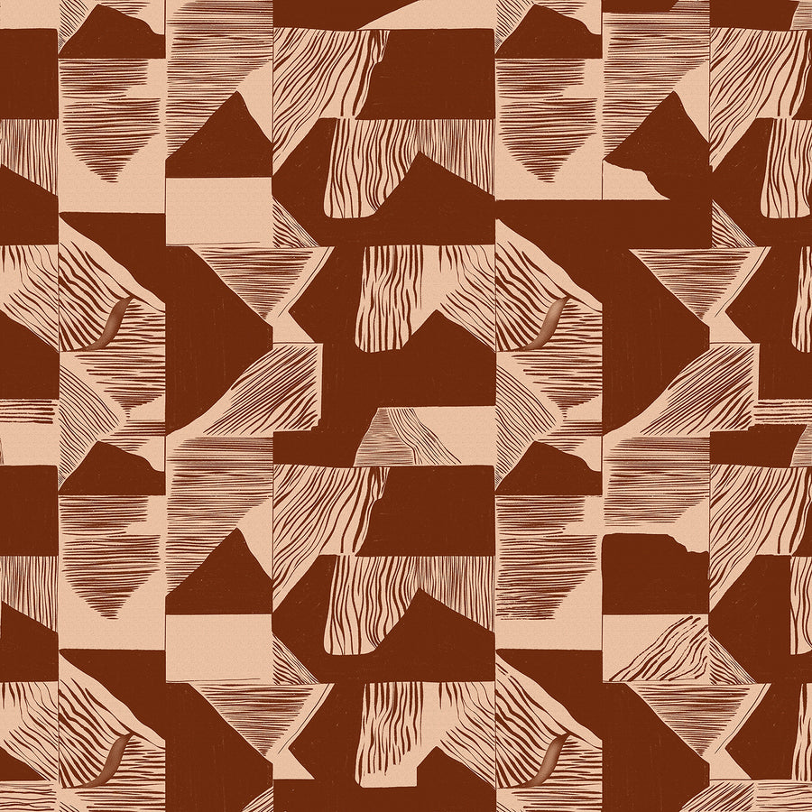 Wallpaper from the Tim Neve collection by Urban Road, with terracotta grid patterns layered over warm brown textures.
