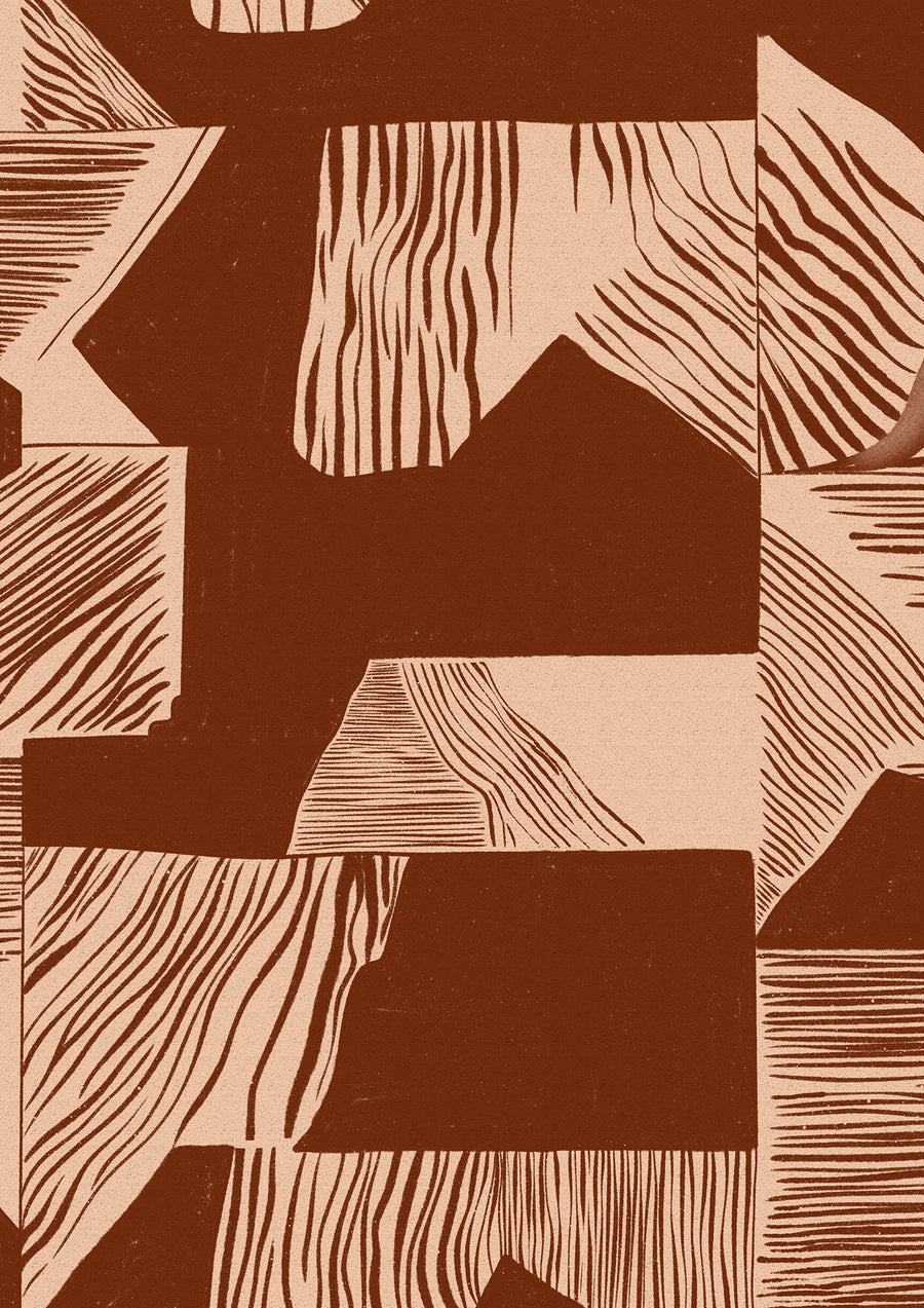 Wallpaper from the Tim Neve collection by Urban Road, with terracotta grid patterns layered over warm brown textures.