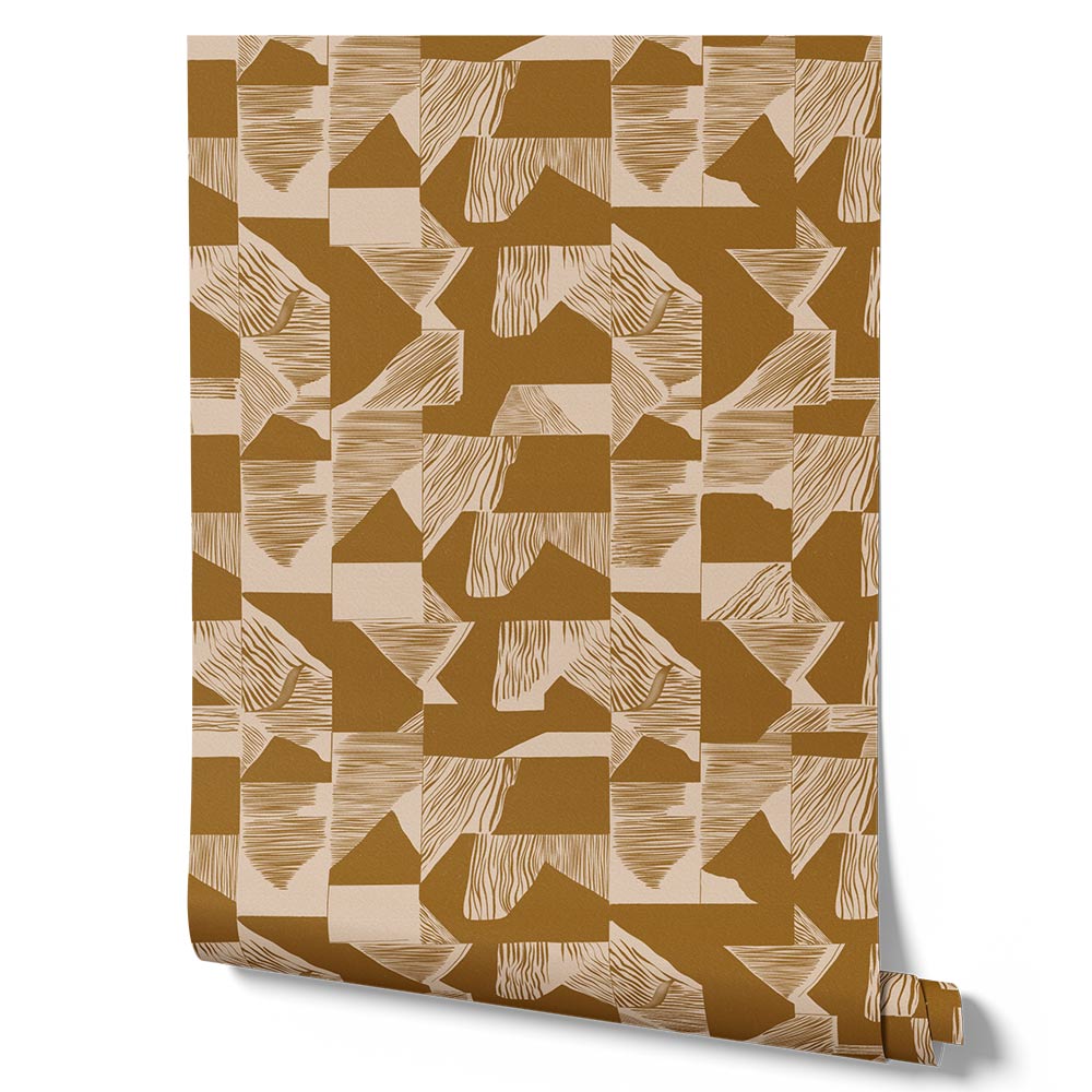 Wallpaper from the Tim Neve collection by Urban Road, showcasing mustard grid patterns in a warm, retro abstract design.