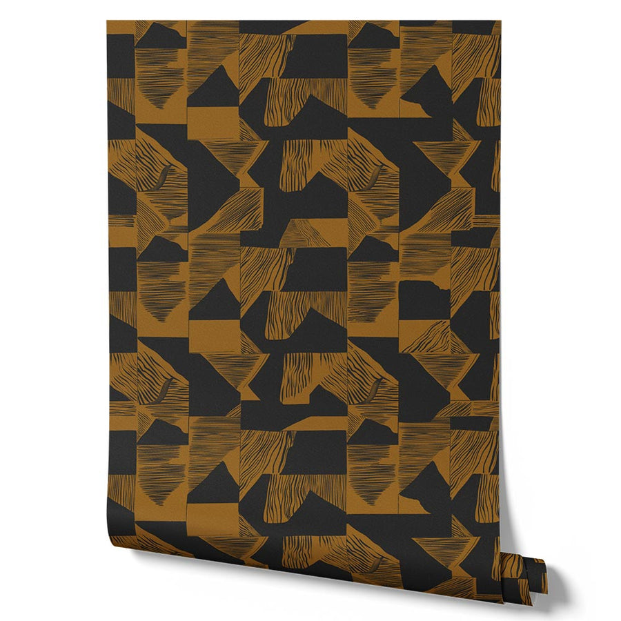 Wallpaper from the Tim Neve collection by Urban Road, with black and ochre grids in a bold, high-contrast graphic design.