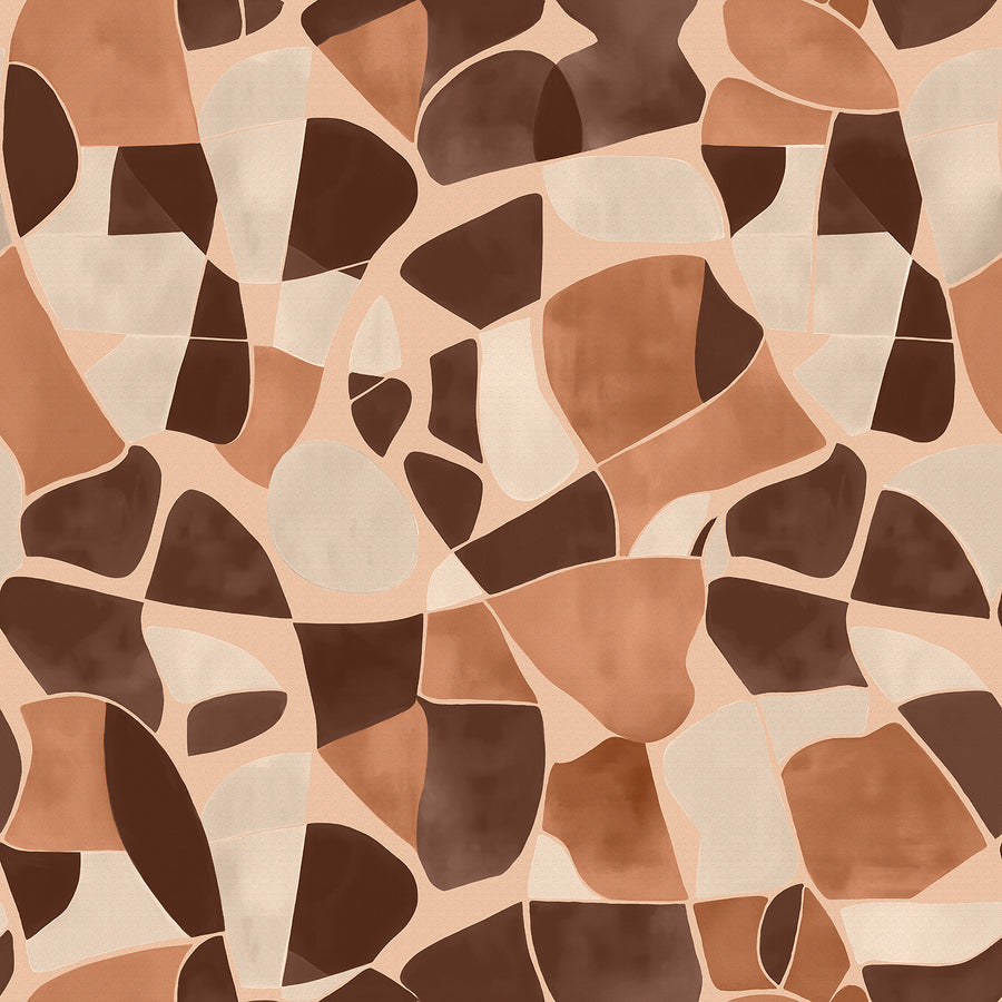 Wallpaper from the Tim Neve collection by Urban Road, featuring a peach mosaic with abstract curved shapes in warm pink and brown tones.