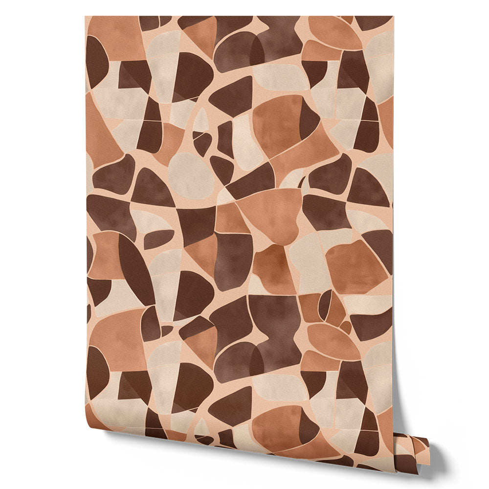 Wallpaper from the Tim Neve collection by Urban Road, featuring a peach mosaic with abstract curved shapes in warm pink and brown tones.