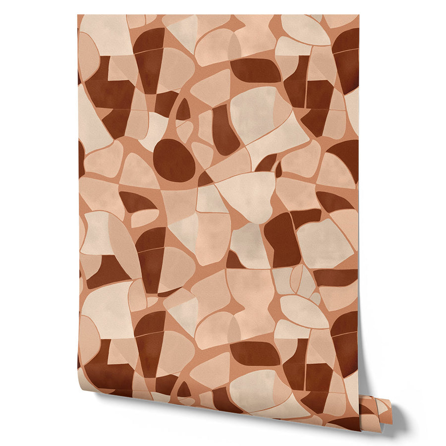 Wallpaper from the Tim Neve collection by Urban Road, showcasing blush mosaic patterns with warm curves and a soft layered design.