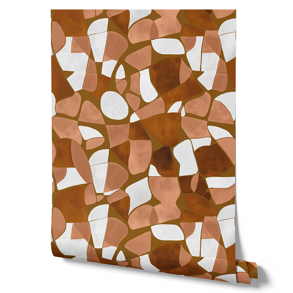 Wallpaper from the Tim Neve collection by Urban Road, with golden brown mosaics and organic curves for a bold, dynamic look.