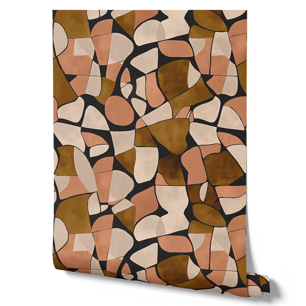 Wallpaper from the Tim Neve collection by Urban Road, featuring black and brown mosaic patterns in a bold, abstract design.