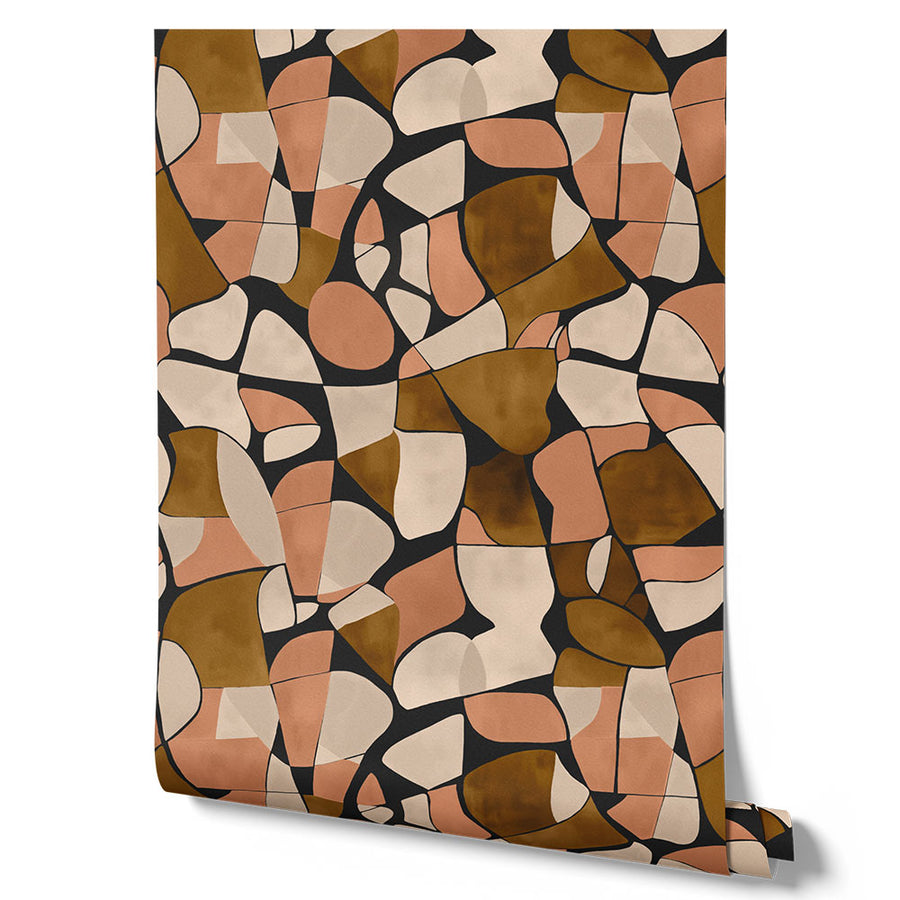 Wallpaper from the Tim Neve collection by Urban Road, featuring black and brown mosaic patterns in a bold, abstract design.