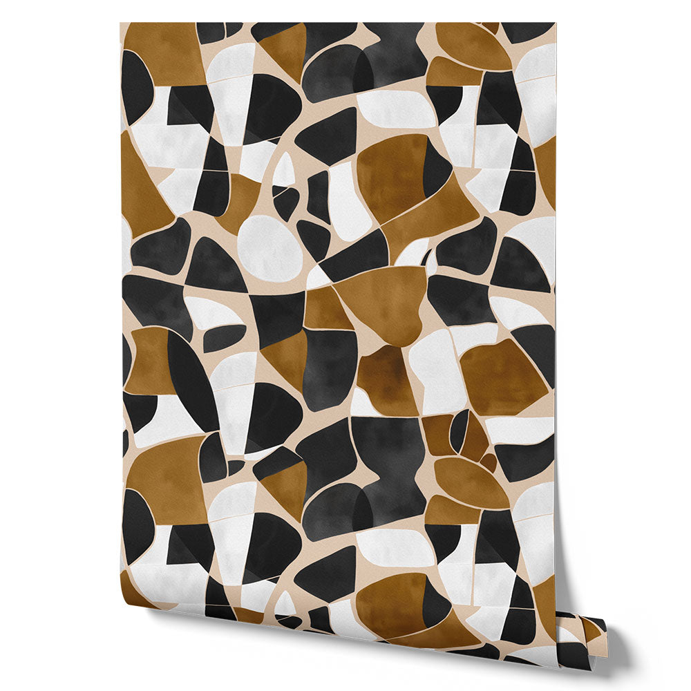 Wallpaper from the Tim Neve collection by Urban Road, showcasing black and gold mosaic patterns in a high-contrast, layered design.