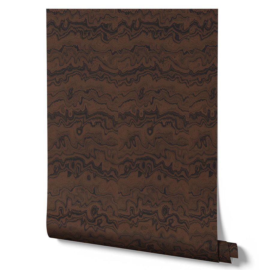 Wallpaper from the Tim Neve collection by Urban Road, featuring dark woodgrain swirls in black and brown for a bold, organic look.