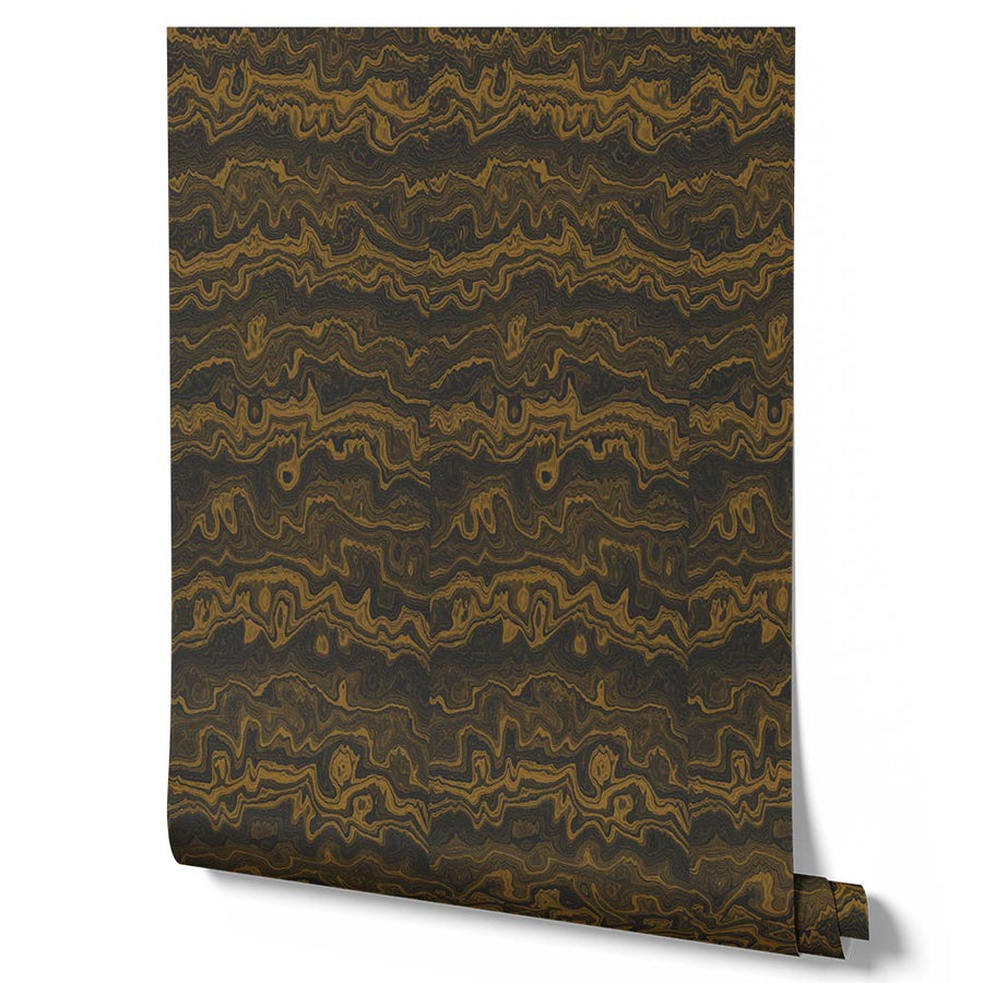 Wallpaper from the Tim Neve collection by Urban Road, showcasing golden brown woodgrain with layered abstract lines for a warm natural flow.